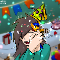 Size: 2000x2000 | Tagged: safe, artist:niksey, oc, oc only, oc:manubrine, oc:niksey mattos, earth pony, equine, fictional species, human, mammal, pony, hasbro, my little pony, balloon, birthday, birthday cake, birthday hat, brown eyes, cake, confetti, doll, duo, duo male and female, eyes closed, female, food, happy, heart, high res, hug, human focus, male, not furry focus, present, simple background, stallion, tail