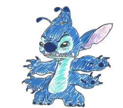 Size: 1486x1310 | Tagged: safe, artist:iloveexperiment626, stitch (lilo & stitch), alien, experiment (lilo & stitch), fictional species, disney, lilo & stitch, 2009, 4 arms, 4 fingers, angry, antennae, black eyes, blue body, blue claws, blue fur, blue nose, blue paw pads, chest fluff, claws, dipstick antennae, ear marking, ears, fluff, fur, head fluff, male, marker drawing, simple background, solo, solo male, standing, torn ear, traditional art, white background
