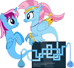 Size: 7006x6400 | Tagged: safe, artist:parclytaxel, oc, oc only, oc:parcly taxel, oc:wishgriff, alicorn, bird, equine, fictional species, genie, genie pony, hippogriff, mammal, pony, feral, friendship is magic, hasbro, my little pony, .svg available, absurd resolution, ain't never had friends like us, albumin flask, bottle, bracelet, duo, eye contact, female, floating, jewelry, mare, simple background, smiling, transparent background, uk ponycon, vector