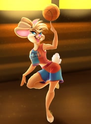 Size: 3020x4096 | Tagged: safe, artist:unfinishedhekry, lola bunny (looney tunes), lagomorph, mammal, rabbit, anthro, digitigrade anthro, looney tunes, space jam, space jam: a new legacy, warner brothers, 2021, ball, basketball, bottomwear, buckteeth, clothes, digital art, ears, eyelashes, female, fur, hair, open mouth, pink nose, shirt, shorts, solo, solo female, tail, teeth, tongue, topwear
