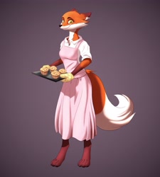 Size: 3686x4096 | Tagged: safe, artist:galinnarts, oc, oc only, canine, fox, mammal, anthro, digitigrade anthro, apron, clothes, ears laid back, female, looking at you, muffin, oven gloves, shirt, smiling, solo, solo female, topwear, tray, vixen, yellow eyes