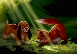Size: 2913x2058 | Tagged: safe, artist:nostalgicchills, copper (the fox and the hound), tod (the fox and the hound), bloodhound, canine, dog, fox, mammal, red fox, disney, the fox and the hound, 2d, cub, duo, duo male, high res, male, males only, puppy, young