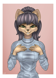 Size: 1000x1400 | Tagged: safe, alternate version, artist:catd, kitty katswell (t.u.f.f. puppy), anthro, nickelodeon, t.u.f.f. puppy, bedroom eyes, clothes, female, front view, grin, looking at you, smiling, smiling at you, solo, solo female, sweater, teeth, topwear