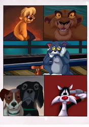 Size: 2051x2924 | Tagged: safe, artist:nostalgicchills, gurgi (the black cauldron), jerry mouse (tom and jerry), sylvester (looney tunes), tom cat (tom and jerry), zira (the lion king), big cat, canine, cat, dog, feline, lion, mammal, mouse, rodent, anthro, feral, semi-anthro, disney, looney tunes, the black cauldron, the lion king, the plague dogs, tom and jerry, warner brothers, crossover, female, group, gun, high res, lioness, male, murine, semi-grimdark, weapon