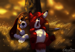 Size: 2500x1764 | Tagged: safe, artist:nostalgicchills, copper (the fox and the hound), tod (the fox and the hound), bloodhound, canine, dog, fox, mammal, red fox, feral, disney, the fox and the hound, 2d, cub, duo, duo male, front view, male, males only, puppy, yawning, young