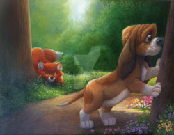 Size: 1600x1242 | Tagged: safe, artist:nostalgicchills, copper (the fox and the hound), tod (the fox and the hound), bloodhound, canine, dog, fox, mammal, red fox, feral, disney, the fox and the hound, 2d, cub, duo, duo male, male, males only, puppy, young