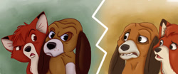 Size: 742x310 | Tagged: safe, artist:nostalgicchills, copper (the fox and the hound), tod (the fox and the hound), bloodhound, canine, dog, fox, mammal, red fox, feral, disney, the fox and the hound, 2d, cub, duality, low res, male, males only, puppy, young