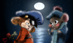 Size: 667x392 | Tagged: safe, artist:the-b-meister, fievel mousekewitz (an american tail), olivia flaversham (the great mouse detective), mammal, mouse, rodent, anthro, an american tail, disney, sullivan bluth studios, the great mouse detective, crossover, female, fievelivia (an american tail/the great mouse detective), flower, full moon, looking at each other, male, male/female, moon, murine, night, night sky, rose, sky, water, young