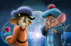 Size: 2431x1576 | Tagged: safe, alternate version, artist:the-b-meister, fievel mousekewitz (an american tail), olivia flaversham (the great mouse detective), mammal, mouse, rodent, anthro, an american tail, disney, sullivan bluth studios, the great mouse detective, crossover, female, fievelivia (an american tail/the great mouse detective), flower, full moon, looking at each other, male, male/female, moon, murine, night, night sky, rose, sky, water, young
