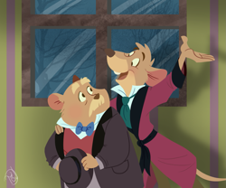 Size: 1371x1140 | Tagged: safe, artist:trishabeakens, basil (the great mouse detective), david q. dawson (the great mouse detective), mammal, mouse, rodent, anthro, disney, the great mouse detective, 2d, duo, duo male, male, males only