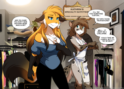 Size: 1787x1280 | Tagged: safe, artist:twokinds, kat (twokinds), mike (twokinds), fictional species, keidran, mammal, anthro, twokinds, 2020, blue eyes, breasts, brown body, brown fur, brown hair, cleavage, cleavage fluff, clothes, cyan eyes, dialogue, duo, duo female, ears, eyebrows, eyelashes, female, females only, fluff, fur, hair, long hair, multicolored fur, orange body, orange fur, rule 63, speech bubble, spotted fur, tail, talking, white body, white fur