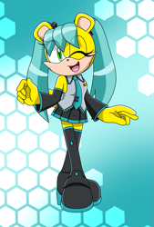 Size: 1221x1803 | Tagged: safe, artist:shadowy-viper, miku hatsune (vocaloid), mina mongoose (sonic), mammal, mongoose, anthro, plantigrade anthro, archie sonic the hedgehog, sega, sonic the hedgehog (series), vocaloid, 2020, bottomwear, clothes, cosplay, crossover, female, necktie, one eye closed, skirt, solo, solo female, winking