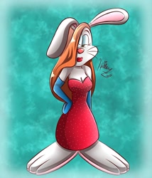 Size: 1212x1414 | Tagged: safe, artist:mikataneko42024, jessica rabbit (roger rabbit), lagomorph, mammal, rabbit, anthro, who framed roger rabbit, female, furrified, species swap