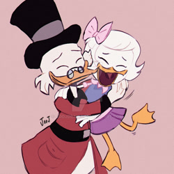 Size: 900x900 | Tagged: safe, artist:joojdraws, scrooge mcduck (disney), webby vanderquack (ducktales), bird, duck, waterfowl, anthro, disney, ducktales, ducktales (2017), mickey and friends, spoiler:the last adventure (ducktales 2017), 2d, bow, cute, daughter, father, father and child, father and daughter, feathers, female, hair bow, hug, male, pink background, simple background, white feathers, wholesome, young