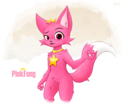 Size: 1280x1096 | Tagged: safe, artist:nightfury2020, pinkfong (pinkfong), canine, fox, mammal, anthro, pinkfong, 2d, front view, fur, looking at you, male, paw pads, paws, pink body, pink eyes, pink fur, solo, solo male, three-quarter view