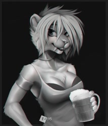 Size: 1098x1280 | Tagged: safe, artist:f-r95, oc, oc only, oc:falla, feline, mammal, saber-toothed cat, anthro, alcohol, beer, border, bra, breasts, chest fluff, choker, cleavage, clothes, drink, female, fluff, looking at you, smiling, solo, solo female, tank top, topwear, underwear