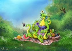 Size: 2048x1448 | Tagged: safe, artist:shimmerspawn, oc, oc:sylene, reptile, snake, anthro, ambient insect, bread, breasts, clothes, dress, female, flower, flower on head, food, fruit, jewelry, multiple heads, necklace, picnic, picnic basket, picnic blanket, solo, solo female, watermelon