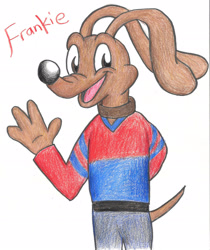 Size: 1598x1902 | Tagged: safe, artist:paperechidna, canine, dachshund, dog, mammal, anthro, 2d, brown body, brown fur, frankie (jumpstart), front view, fur, jumpstart (game), male, solo, solo male, three-quarter view, traditional art