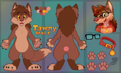 Size: 1280x768 | Tagged: safe, artist:denkidragon, oc, oc only, oc:tawny (tawnypaws), canine, mammal, wolf, anthro, digitigrade anthro, 2020, brown body, brown fur, brown hair, cheek fluff, chest fluff, collar, color palette, digital art, eyebrow through hair, eyebrows, featureless crotch, female, fluff, front view, fur, glasses, hair, looking at you, multicolored fur, open mouth, open smile, paw pads, paws, pet tag, rear view, reference sheet, smiling, socks (leg marking), solo, solo female, tan body, tan fur, tongue, yellow eyes