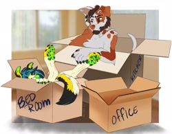 Size: 2048x1598 | Tagged: safe, artist:keitelwuff, canine, dog, mammal, anthro, digitigrade anthro, 2021, ambiguous gender, black body, black fur, blue hair, box, brown body, brown eyes, brown fur, brown hair, claws, colored tongue, cream body, cream fur, digital art, duo, ear piercing, floppy ears, fluff, fur, green tongue, hair, hand on face, in a box, indoors, lying down, moving, multicolored fur, on back, paw pads, paws, piercing, tail, tail fluff, tongue, tongue out, white body, white fur, yellow body, yellow fur
