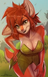 Size: 1080x1719 | Tagged: safe, artist:furlana, elora (spyro), faun, fictional species, mammal, anthro, spyro the dragon (series), 2021, big breasts, breasts, cleavage, clothes, ears, eyebrows, eyelashes, female, fluff, fur, green eyes, hair, hand on hip, looking at you, multicolored fur, orange body, orange fur, orange hair, shoulder fluff, smiling, smiling at you, solo, solo female, tail, thick thighs, thighs, two toned body, two toned fur