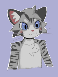 Size: 1125x1500 | Tagged: safe, artist:r1nman, cat, feline, mammal, anthro, ambiguous gender, blue eyes, blushing, bust, chest fluff, ear fluff, fluff, fur, gray body, gray fur, multicolored fur, portrait, simple background, solo, solo ambiguous, striped fur, two toned body, two toned fur