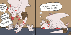 Size: 4820x2400 | Tagged: safe, artist:5ushiroll, dragon, fictional species, feral, bag, begging, child, comic, cuddling, dialogue, flying, happy, hug, multicolored body, red body, red eyes, sad, sleeping, smiling, speech bubble, talking, thought bubble, white body, young
