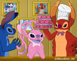 Size: 2556x2041 | Tagged: safe, artist:sheecktor, angel (lilo & stitch), experiment 627 (lilo & stitch), stitch (lilo & stitch), alien, experiment (lilo & stitch), fictional species, disney, lilo & stitch, stitch!, 2021, 4 fingers, antennae, black claws, black eyes, blue body, blue fur, blue nose, bow, bow tie, cake, chef's hat, chest fluff, claws, clothes, colored tongue, ears, eyelashes, female, fluff, food, fur, group, hands together, hat, head fluff, high res, holding, holding food, long antennae, male, multiple arms, open mouth, open smile, photo, pink body, pink fur, purple claws, purple eyes, purple nose, purple tongue, red body, red fur, red paw pads, sharp teeth, shocked, six arms, smiling, standing, teeth, tongue, torn ear, trio