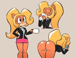 Size: 850x648 | Tagged: suggestive, artist:yopy, coco bandicoot (crash bandicoot), bandicoot, mammal, marsupial, anthro, crash bandicoot (series), blonde hair, bottomwear, butt, clothes, coffee, cup, cute, drink, drinking, female, glasses, hair, meganekko, round glasses, simple background, skirt, solo, solo female
