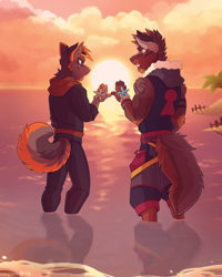 Size: 1024x1280 | Tagged: safe, artist:casparr, oc, oc only, canine, dog, husky, mammal, anthro, disney, kingdom hearts, square enix, 2021, beach, bottomwear, clothes, cloud, curled tail, digital art, duo, duo male, fangs, fur, gray body, gray fur, hair, hand hold, holding, hoodie, male, males only, multicolored fur, ocean, orange body, orange fur, orange hair, palm tree, pants, partially submerged, paw pads, paws, rear view, reflection, scenery, sharp teeth, standing, sunset, tail, teeth, topwear, tree, water, wayfinder