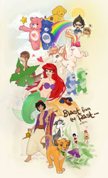 Size: 1012x1660 | Tagged: safe, artist:kinky-chichi, aladdin (disney character), ariel (the little mermaid), crysta (ferngully), fievel mousekewitz (an american tail), grumpy bear (care bears), littlefoot (the land before time), love-a-lot bear (care bears), simba (the lion king), spot (spot), apatosaurus, bear, big cat, canine, dinosaur, dog, equine, fairy, feline, fictional species, fish, human, lion, mammal, mermaid, mouse, pegasus, pony, rodent, sauropod, feral, humanoid, semi-anthro, aladdin (disney franchise), an american tail, care bears, disney, ferngully: the last rainforest, hasbro, my little pony, my little pony (g1), spot (series), sullivan bluth studios, the land before time, the lion king, the little mermaid (disney), 2d, crossover, cub, female, group, male, murine, young, zak young (ferngully)