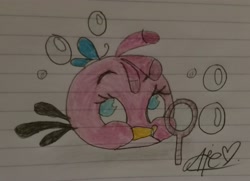 Size: 2924x2120 | Tagged: safe, artist:muhammad yunus, stella (angry birds), arthropod, bird, butterfly, cockatoo, insect, parrot, feral, angry birds, bubble wand, bubbles, female, galah, high res, irl, photo, photographed artwork, rovio, solo, solo female, traditional art