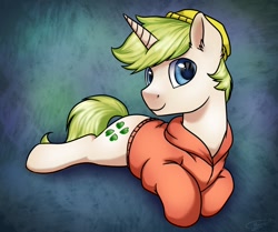 Size: 2412x2012 | Tagged: safe, artist:megabait, oc, oc only, oc:markov, equine, fictional species, mammal, pony, unicorn, feral, friendship is magic, hasbro, my little pony, 4chan, high res, lying down, prone, red hoodie, solo