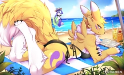 Size: 1482x900 | Tagged: safe, alternate version, artist:teranen, krystal (star fox), canine, fictional species, fox, mammal, renamon, anthro, digimon, nintendo, star fox, 2021, beach, beach towel, belly button, big breasts, bikini, black nose, blue body, blue eyes, blue fur, blue hair, blushing, body markings, book, breasts, butt, chest fluff, claws, cleavage fluff, clothes, drink, duo, duo female, ear fluff, eyebrows, eyelashes, facial markings, female, female focus, females only, fluff, fur, grammar error, hair, hat, looking at you, looking back, looking back at you, multicolored fur, one eye closed, open mouth, open smile, paws, sand, shoulder fluff, smiling, smiling at you, solo focus, sunscreen, swimsuit, tail, tail fluff, thighs, towel, two toned body, two toned fur, vixen, water, white body, white fur, winking, yellow body, yellow fur