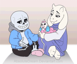 Size: 667x550 | Tagged: safe, artist:absolutedream, sans (undertale), toriel (undertale), bovid, fictional species, goat, mammal, monster, skeleton (undead), undead, anthro, humanoid, undertale, 2d, 2d animation, animated, baby, bone, female, frame by frame, gif, group, interspecies offspring, male, offspring, skeleton, trio, young