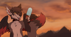 Size: 1215x630 | Tagged: safe, artist:kazuk9, canine, mammal, wolf, food, male, popsicle, sea salt ice cream, solo, solo male, tail, wings