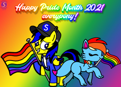 Size: 1981x1436 | Tagged: safe, artist:mrstheartist, rainbow dash (mlp), oc, oc only, oc:ponyseb 2.0, oc:rainbow eevee, eevee, eeveelution, equine, fictional species, mammal, pegasus, pokémon pony, pony, feral, friendship is magic, hasbro, my little pony, nintendo, pokémon, base used, blue body, blue eyes, blue fur, bright colors, cap, clothes, cute, duo, eyes closed, flag, fur, fusion, gay pride flag, grin, hair, happy pride month, hat, holding, hoodie, mouth hold, pride flag, rainbow background, rainbow hair, smiling, topwear, yellow body