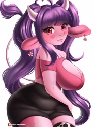 Size: 1519x2048 | Tagged: safe, artist:macaronneko, oc, oc only, oc:cotton (macaronneko), bovid, cattle, cow, mammal, anthro, 2021, belly button, big breasts, blushing, bottomwear, breasts, clothes, digital art, ears, eyelashes, female, fur, hair, heart cheeks, horn, huge breasts, looking at you, shirt, shorts, sideboob, simple background, solo, solo female, tail, thighs, topwear, white background, wide hips