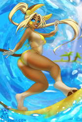 Size: 800x1200 | Tagged: safe, artist:satsukii, alolan raichu, fictional species, mammal, raichu, anthro, series:satsukiidex, nintendo, pokémon, 2021, beach, bikini, breasts, butt, clothes, female, looking at you, side-tie bikini, solo, solo female, surf, surfboard, swimsuit, water, waves, yellow swimsuit