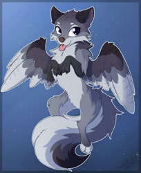 Size: 1024x1252 | Tagged: safe, artist:wolfypon, oc, oc only, oc:hioshiru, bird, canine, enfield, fictional species, fox, mammal, 2021, abstract background, blep, claws, ear fluff, feathered wings, feathers, female, fluff, flying, fur, gift art, paws, pink eyes, signature, solo, solo female, tail, talons, tongue, tongue out, white body, white fur, wings