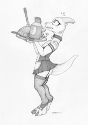 Size: 1107x1562 | Tagged: suggestive, artist:ecmajor, fictional species, kobold, reptile, anthro, 2018, black and white, bottle, bottomwear, butt, claws, clothes, collar, drink, female, fishnet, fishnet stockings, food, fork, fruit, grayscale, horns, legwear, looking up, maid outfit, monochrome, plate, scales, see-through, signature, simple background, skirt, slave, solo, solo female, standing, stockings, tail, teeth, traditional art, waitress, white background