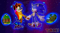 Size: 3840x2160 | Tagged: safe, artist:tanookidx, crash bandicoot (crash bandicoot), sonic the hedgehog (sonic), bandicoot, hedgehog, mammal, marsupial, anthro, plantigrade anthro, crash bandicoot (series), sega, sonic the hedgehog (series), 16:9, 2021, crossover, duo, duo male, high res, male, males only, quills, shaking hands
