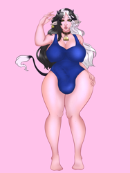 Size: 3000x4000 | Tagged: suggestive, artist:suneo_arts, oc, oc:alys (inu), bovid, cattle, cow, mammal, accessories, big breasts, big penis, breasts, bulge, clothes, collar, cowbell, curvy, ear tag, flaccid, hand on hip, high res, horns, hucow, intersex, intersex female, nipple outline, one-piece swimsuit, penis, simple background, swimsuit, tail, tall, wide hips
