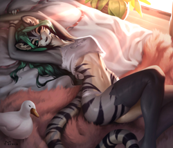 Size: 1280x1094 | Tagged: safe, alternate version, artist:eruca, oc, oc only, big cat, bird, duck, feline, mammal, tiger, waterfowl, anthro, 2021, armpits, bed, bedroom eyes, belly button, blanket, breasts, butt, clothes, commission, ear fluff, female, fluff, green eyes, green hair, hair, long hair, one eye closed, panties, solo, solo female, tail, tail fluff, thighs, tigress, topwear, underwear, ych result
