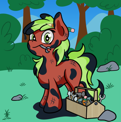 Size: 1533x1554 | Tagged: safe, artist:dinkyuniverse, oc, oc only, oc:red june (dinkyuniverse), earth pony, equine, fictional species, mammal, pony, feral, friendship is magic, hasbro, my little pony, 2021, atg 2021, female, filly, foal, grass, newbie artist training grounds, oil, pencil, solo, solo female, tail, toolbox, tree, wrench, young