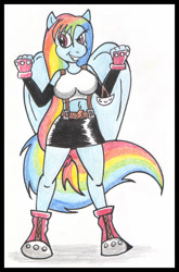 Size: 420x636 | Tagged: source needed, safe, artist:reddragonkan, rainbow dash (mlp), tifa lockheart (final fantasy), equine, fictional species, mammal, pegasus, pony, anthro, final fantasy, final fantasy vii, friendship is magic, hasbro, my little pony, square enix, anthrofied, belly button, blue body, blue fur, boots, bottomwear, clothes, cosplay, crossover, feathered wings, feathers, female, fur, grin, hair, mare, rainbow hair, rainbow tail, shoes, shorts, solo, solo female, tail, wings