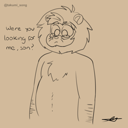 Size: 2500x2500 | Tagged: safe, artist:takumi, oc, oc only, big cat, feline, lion, mammal, anthro, abstract background, belly, chest, chest fluff, dad, dialogue, fluff, fur, gift art, hair, high res, male, mane, question, simple background, solo, solo male, talking, text