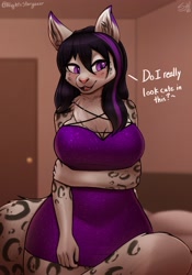 Size: 1668x2388 | Tagged: safe, alternate version, artist:stargazer, oc, oc only, big cat, feline, mammal, snow leopard, anthro, 2021, big breasts, black hair, blushing, breasts, chest fluff, cleavage fluff, clothes, cute, cute little fangs, dialogue, dress, ear fluff, fangs, female, fluff, fur, gray body, gray fur, hair, looking at you, multicolored fur, multicolored hair, open mouth, open smile, pink nose, purple eyes, purple hair, smiling, solo, solo female, spots, spotted fur, tail, tail fluff, talking, teeth, thick thighs, thighs, tongue, two toned hair, white body, white fur, wide hips