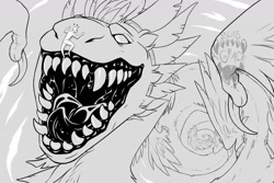 Size: 1280x853 | Tagged: suggestive, artist:endonomz, human, mammal, feral, ambiguous gender, bust, mawshot, micro, open mouth, saliva, sharp teeth, size difference, teeth, tongue