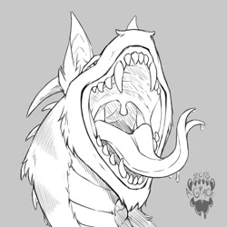 Size: 1280x1280 | Tagged: suggestive, artist:endonomz, dragon, fictional species, furred dragon, feral, bust, forked tongue, mawshot, monochrome, open mouth, saliva, sharp teeth, teeth, tongue, tongue out